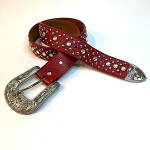 3D Belt Womens Size 32 red Genuine Leather Rhinestone Studded Western